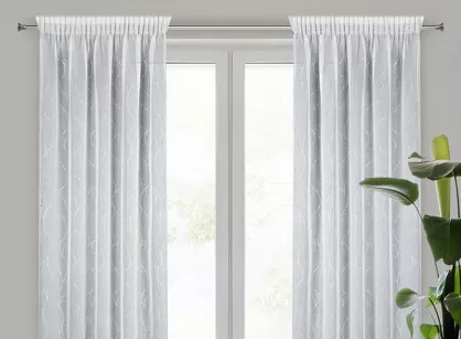 Firana na taśmie 140x270 ARLENA biała z etaminy ze srebrnym nadrukiem