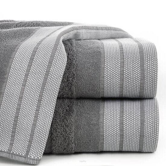 Ręcznik bawełniany 70x140 PATI stalowy w pasy z szeroką żakardową bordiurą