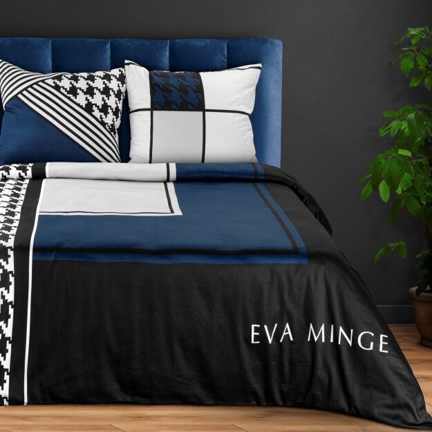 Pościel z makosatyny 220x200 EVA 8 Eva Minge czarna niebieska z geometrycznym nadrukiem i wzorem w pepitkę z kolekcji Premium