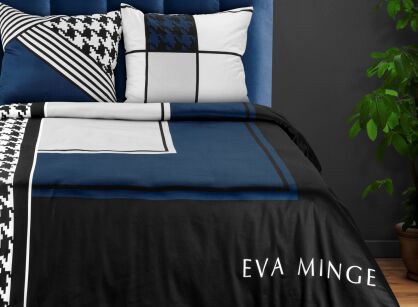 Pościel z makosatyny 220x200 EVA 8 Eva Minge czarna niebieska z geometrycznym nadrukiem i wzorem w pepitkę z kolekcji Premium