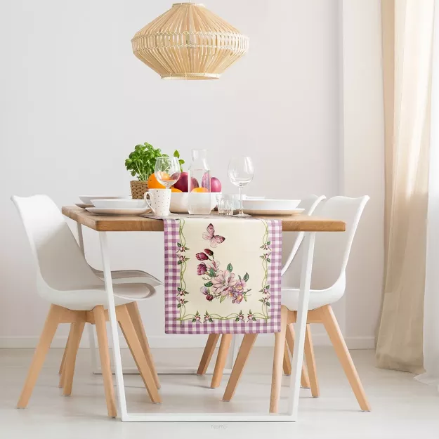 Bieżnik gobelinowy 45x140 1225 naturalny z wzorem botanicznym i fioletową kratką