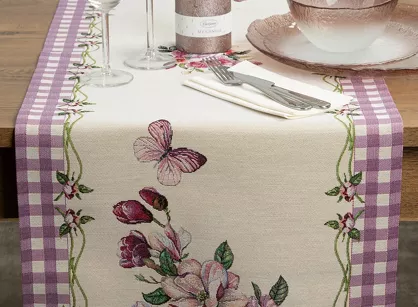 Bieżnik gobelinowy 45x140 1225 naturalny z wzorem botanicznym i fioletową kratką