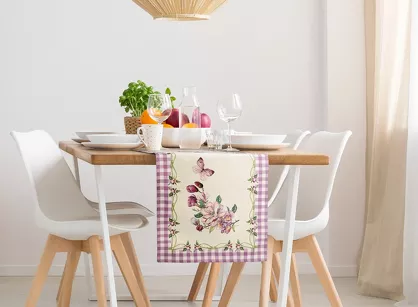 Bieżnik gobelinowy 45x140 1225 naturalny z wzorem botanicznym i fioletową kratką