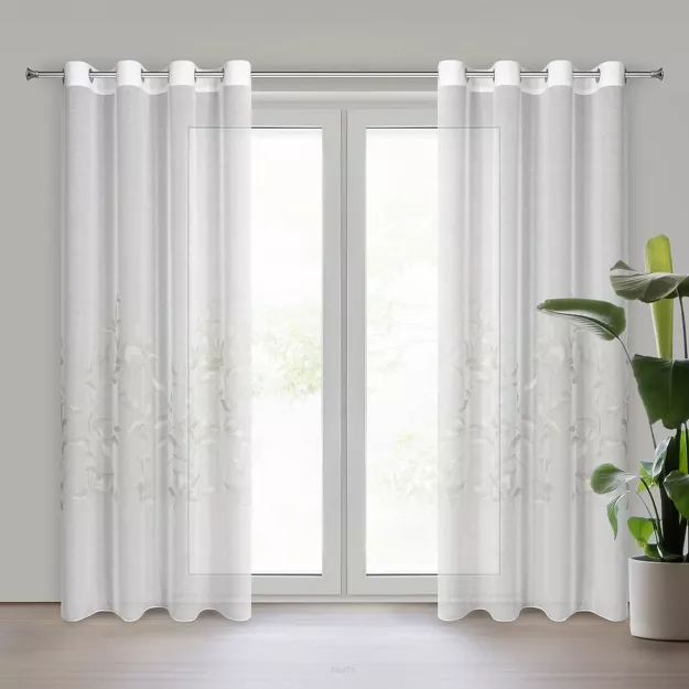 Firana na przelotkach 140x250 ESTELLA biała z etaminy ze srebrnym motywem roślinnym