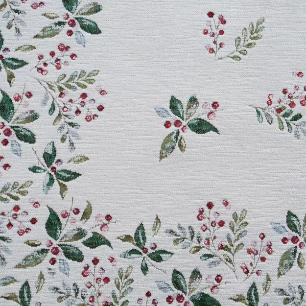 Obrus świąteczny 140x180 1313 gobelinowy z szenili naturalny zielony wzór świąteczny