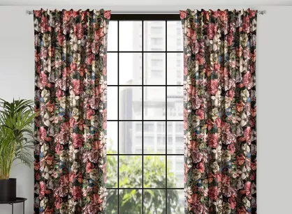 Zasłona na taśmie 140x270 PEONIA bordowa z wzorem kwiatów piwonii efekt 3D