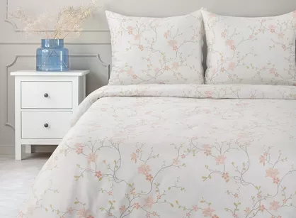 Pościel bawełniana 140x200 SONIA 37 biała z wzorem delikatnych jasno różowych kwiatków