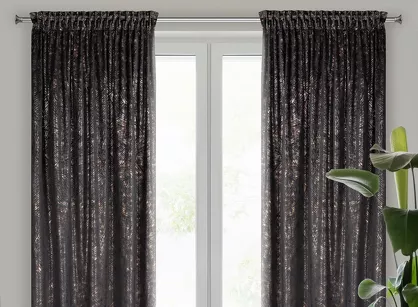 Zasłona na taśmie 135x270 TULIA welwetowa czarna z szampańskim wzorem wyrazistych liści