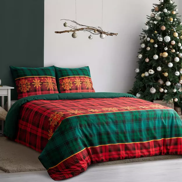 Pościel świąteczna 160x200 GLORY czerwono zielona wzór kraty z bawełny renforce