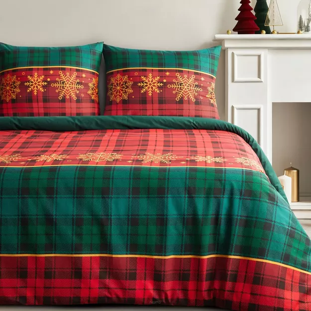 Pościel świąteczna 160x200 GLORY czerwono zielona wzór kraty z bawełny renforce