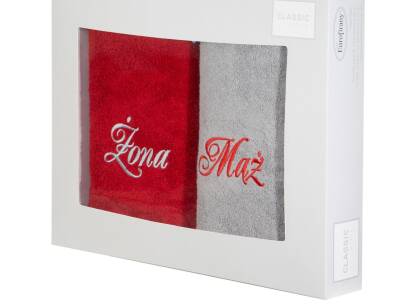 Komplet ręczników 2x70x140 MĄŻ ŻONA popielate czerwone haftowane w kartonowym pudełku