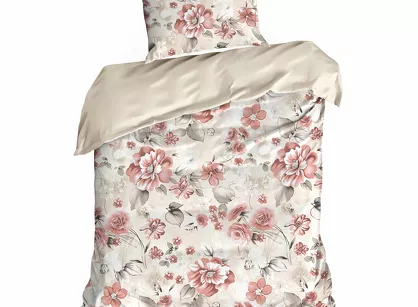 Pościel satynowa 140x200 SPRING 42 beżowa w pudrowy wzór kwiatów