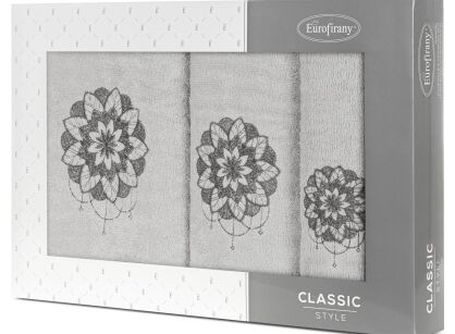 Komplet ręczników 3 szt. LOTUS srebrne z haftowanym grafitowym wzorem kwiatu lotosu w kartonowym pudełku