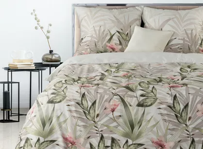 Pościel satynowa 220x200 SPRING 8 beżowa zielona z wzorem egzotycznych liści z kolekcji Classic