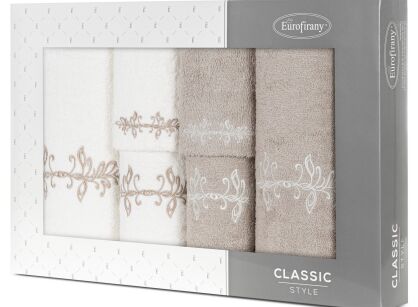 Komplet ręczników 6 szt. KAMELIA kremowe beżowe z haftowanym wzorem delikatnych listków w kartonowym pudełku