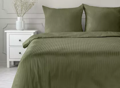 Pościel satynowa 220x200 VERA jednokolorowa gładka oliwkowa w prążki