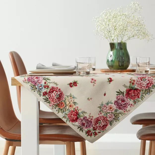 Nakładka gobelinowa 100x100 GRIA naturalna różowa z nadrukiem kwiatów piwonii