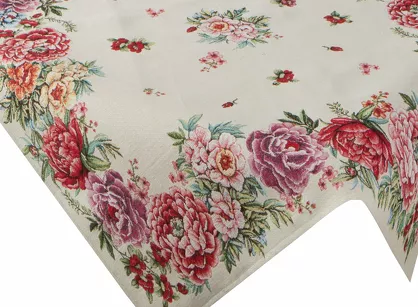 Nakładka gobelinowa 100x100 GRIA naturalna różowa z nadrukiem kwiatów piwonii