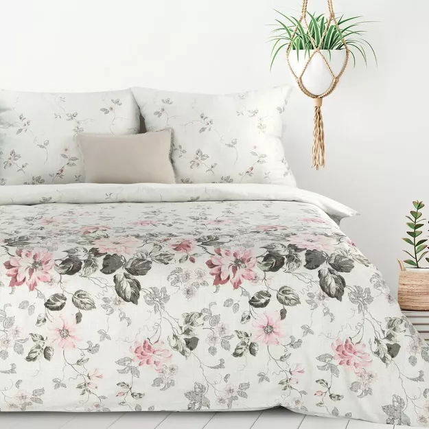 Pościel bawełniana 220x200 LEA 5 popielata różowa z wzorem kwiatów róż dwustronna Design 91