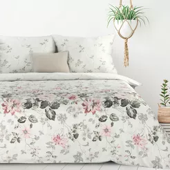 Pościel bawełniana 220x200 LEA 5 popielata różowa z wzorem kwiatów róż dwustronna Design 91