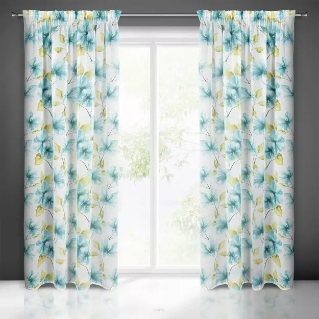 Firana na taśmie 140x270 SOFIA biała z lekkiej etaminy z nadrukiem malarskich niebieskich kwiatów