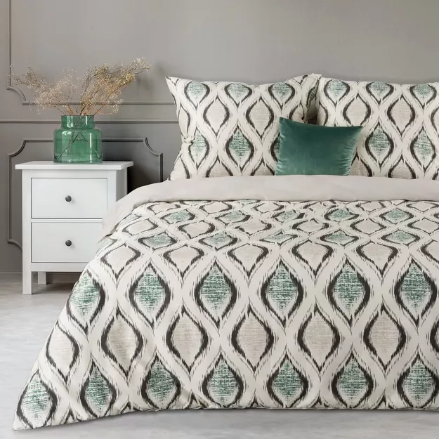 Pościel satynowa 220x200 SPRING 12 beżowa z wzorem geometrycznym miętowo brązowym z kolekcji Classic