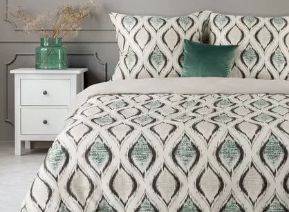 Pościel satynowa 220x200 SPRING 12 beżowa z wzorem geometrycznym miętowo brązowym z kolekcji Classic