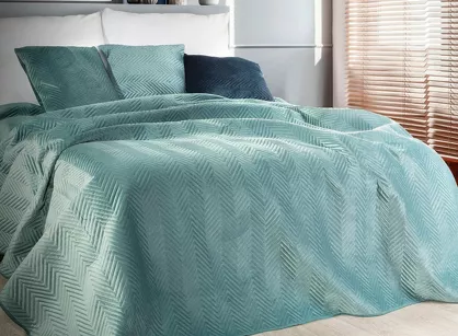 Narzuta welwetowa 230x260 SOFIA miętowa pikowana w gęstą jodełkę