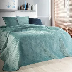 Narzuta welwetowa 230x260 SOFIA miętowa pikowana w gęstą jodełkę