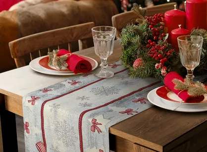 Bieżnik świąteczny 40x100 4067 gobelinowy popielaty z czerwonymi kokardkami i połyskującą srebrną nicią