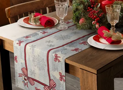 Bieżnik świąteczny 40x100 4067 gobelinowy popielaty z czerwonymi kokardkami i połyskującą srebrną nicią