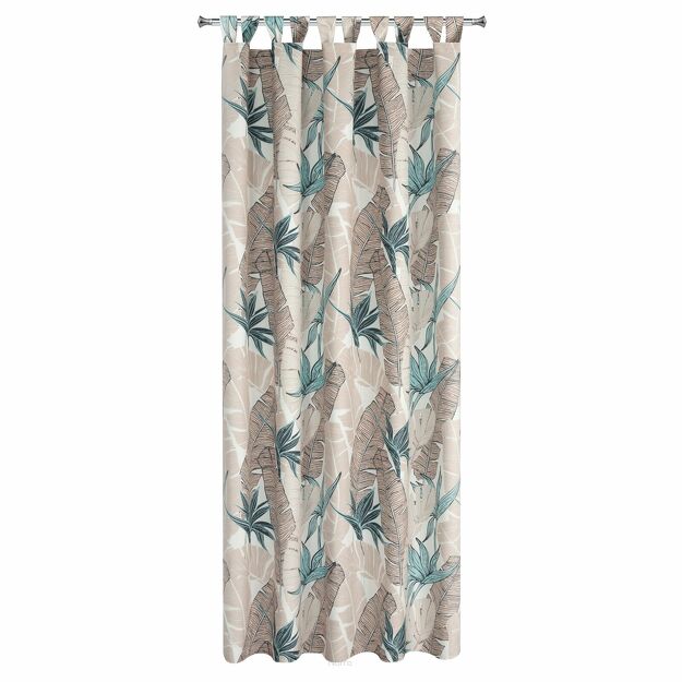 Zasłona na taras 155x220 GARDEN 8 na szelkach zapinanymi na rzepy miętowa wodoodporna z beżowym wzorem liścia bananowca