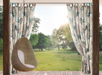 Zasłona na taras 155x220 GARDEN 8 na szelkach zapinanymi na rzepy miętowa wodoodporna z beżowym wzorem liścia bananowca