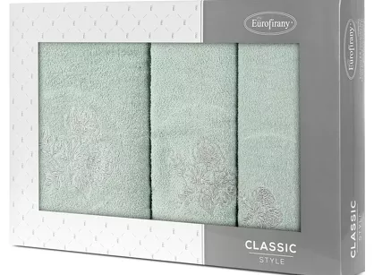 Komplet ręczników 3 szt. MELANI miętowe z haftowanym srebrnym wzorem botanicznym w kartonowym pudełku