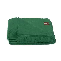 Koc bawełniany 150x200 0293-11 leaf ciemna zieleń gładki z frędzlami