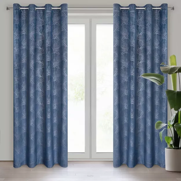 Zasłona na przelotkach 140x250 GOJA zaciemniająca Pierre Cardin granatowa z modnym motywem złotych liści miłorzębu