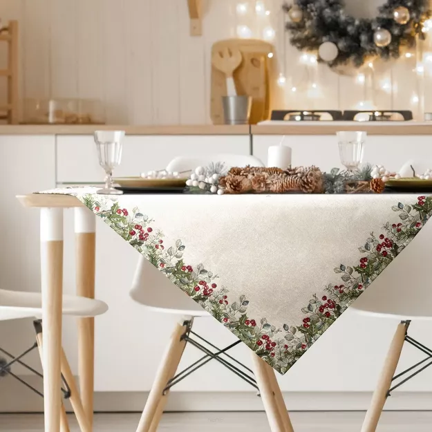 Nakładka świąteczna 100x100 4153 gobelinowa z szenili naturalna zielona świąteczny wzór