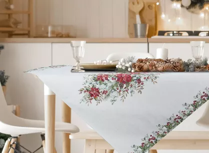 Nakładka świąteczna 100x100 4153 gobelinowa z szenili naturalna zielona świąteczny wzór