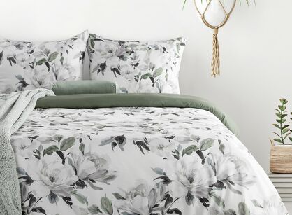 Pościel z mikrowłókna 160x200 LOTI biała zielona wzór kwiatowy Design 91