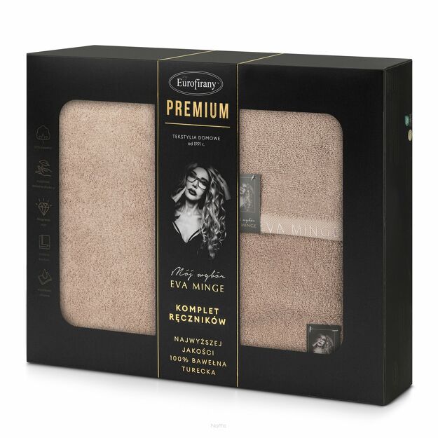Komplet Ręczników VENUS Eva Minge ciemny puder zdobione bordiurą w kolorze ręcznika z napisami projektantki z kolekcji Premium 550 g/m2