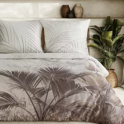 Pościel z satyny 220x200 PREMIUM 23 kremowa z wzorem egzotycznych ciemnobeżowych liści z kolekcji Premium