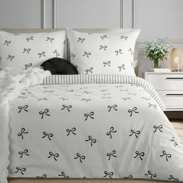 Pościel satynowa 220x200 RAYA 5 biała czarna w kokardki