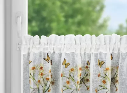 Zazdrostka gotowa w tunelu 150x30 FLORA biała z etaminy zdobiona koronką z nadrukiem kwiatów i motyli