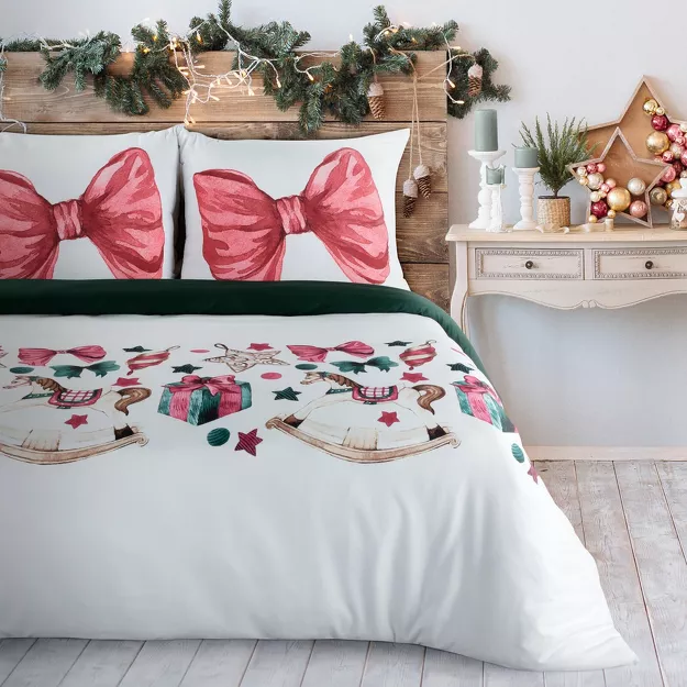 Pościel świąteczna 220x200 RIBENO biała różowa panelowy nadruk z mikrowłókna