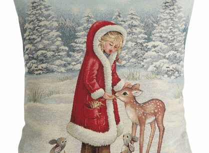 Poszewka świąteczna 45x45 1154 gobelinowa srebrna z zimową scenerią i połyskującą srebrną nicią