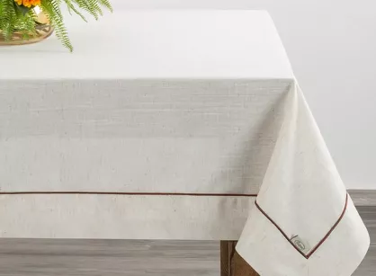 Obrus lniany 145x300 NATU 9 naturalny zdobiony szerokim mankietem z brązową lamówką