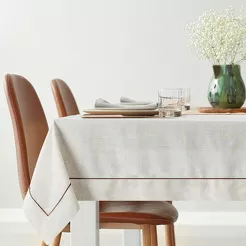 Obrus lniany 145x300 NATU 9 naturalny zdobiony szerokim mankietem z brązową lamówką