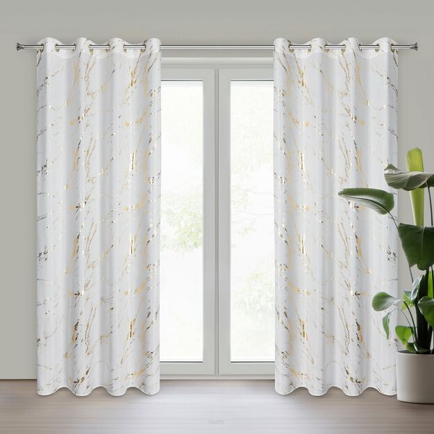 Zasłona na przelotkach 140x250 LANI biała z mikrofibry z błyszczącym złotym nadrukiem marmurku