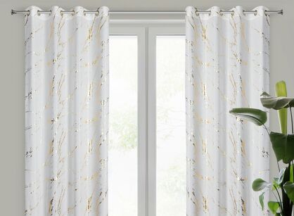 Zasłona na przelotkach 140x250 LANI biała z mikrofibry z błyszczącym złotym nadrukiem marmurku