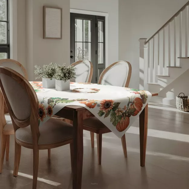 Obrus gobelinowy 140x180 1220 naturalny z nadrukiem pomarańczowych dyni i słoneczników